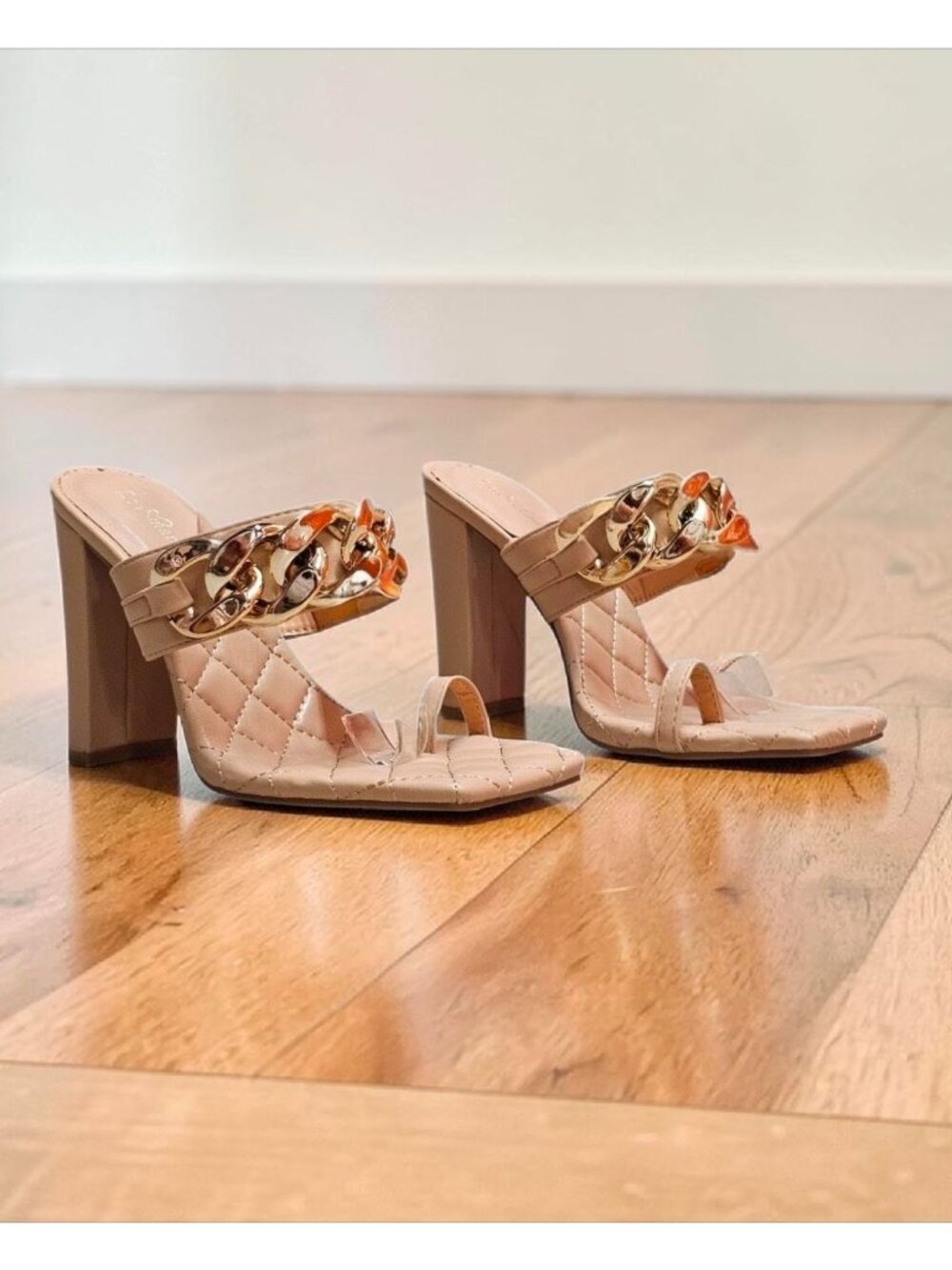 Quilted Nude Heeled Sandals With Gold Chain Detail & Square Toe Design